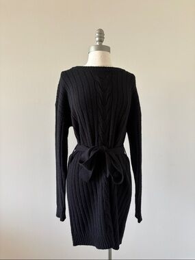 Trixxi Black Cable-Knit Long Sleeve Sweater Dress with Waist Tie